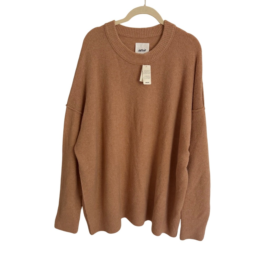 NWT Aerie Womens Oversized Crewneck Pullover Sweater Tawny Brown XL stretchy new